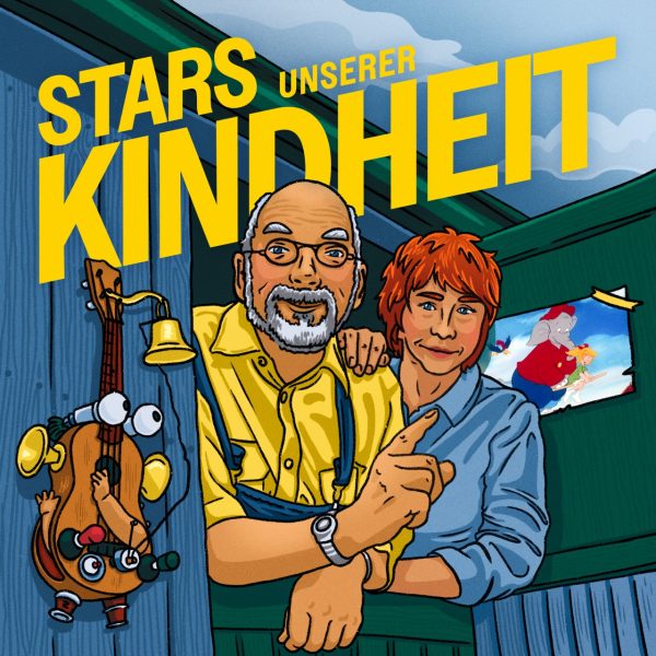 Illustration von Peter Lustig im Bauwagen und Elfie Donnelly – Podcast Cover Stars unserer Kindheit mit Benjamin Blümchen im Hintergrund.